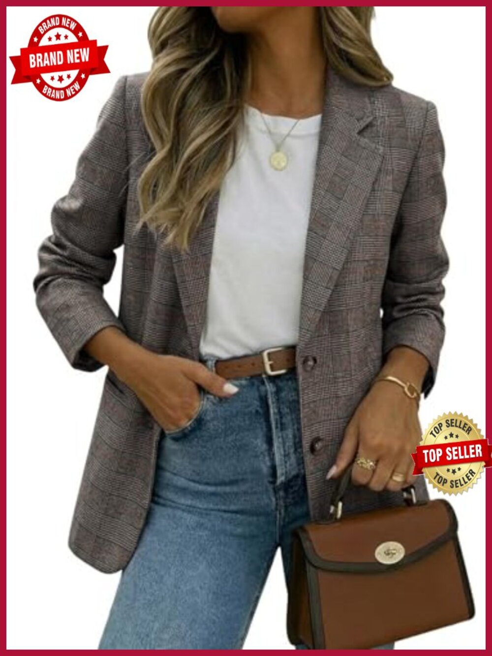 Oversized Plaid Houndstooth Blazer Lightweight Lined Jacket for Work Casual